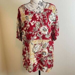Red Floral Paisley Short Sleeve Tunic Blouse Round Neck Keyhole Back Women L